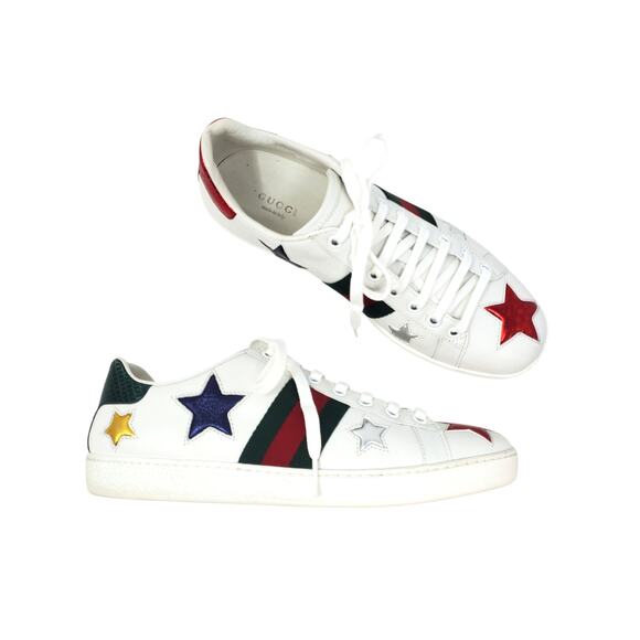 Gucci Ace Metallic Star Sneakers Shoes White Leather 454562 Size 37.5 / US 7.5 - Picture 1 of 10